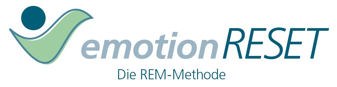 Logo mit gruenem Haken und blauem Text emotion RESET, ruhig und klar